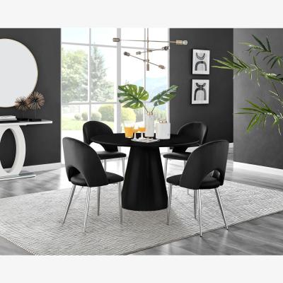 The Range Palma Black High Gloss Round Dining Table and 4 Arlon Silver Leg Chairs - Black