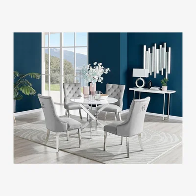 The Range Novara White High Gloss Round Dining Table And 4 Belgravia Chairs - Grey