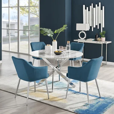The Range Novara White Marble Effect 120cm Dining Table  4 Calla Silver Leg Chairs - Blue