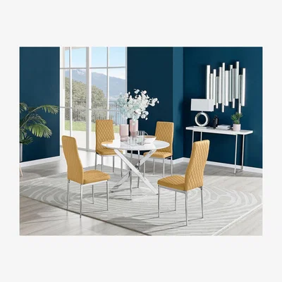 The Range Novara White High Gloss Round Dining Table and 4 Velvet Milan Chairs - Mustard