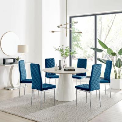 The Range Palma Beige Stone Effect Round Dining Table and 6 Velvet Milan Silver Leg Chairs - Navy