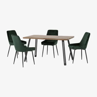The Range Quebec Wave Edge Dining Set with Avery Chairs - Medium Oak and Emerald Green chairs