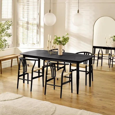 The Range Leif Black Wood Rectangular Extending Table & Caia Black Wishbone Dining Chairs - Black / 54.7kg