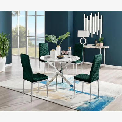 The Range Novara White Marble Effect Round Dining Table and 4 Velvet Milan Chairs - Green