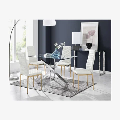 The Range Leonardo 4 Table and 4 Gold Leg Milan Chairs - White