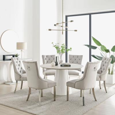 The Range Palma Beige Stone Effect Round Dining Table and 6 Belgravia Chairs - Grey