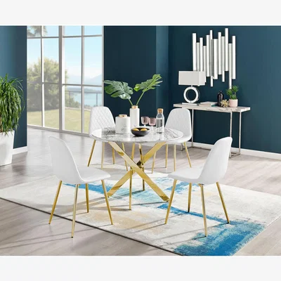 The Range Novara White Marble Effect Gold Leg Dining Table  4 Corona Gold Leg Chairs - White