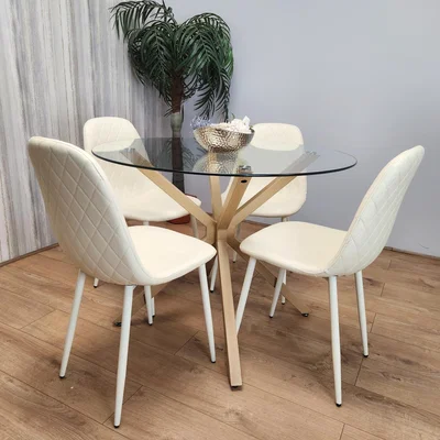 The Range Dining Glass Table With 4 Cream Chairs Set - Clear Cream