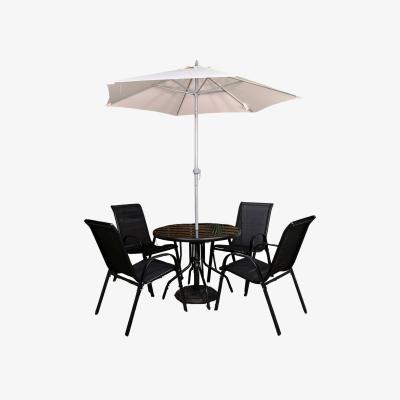 The Range Round Glass Top Patio Dining Set With Cream Parasol and Base - Black