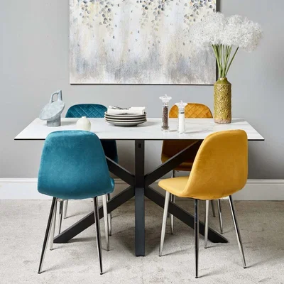 The Range Eastcote White 150cm Dining Table  Archie Chrome Leg Chairs - Teal