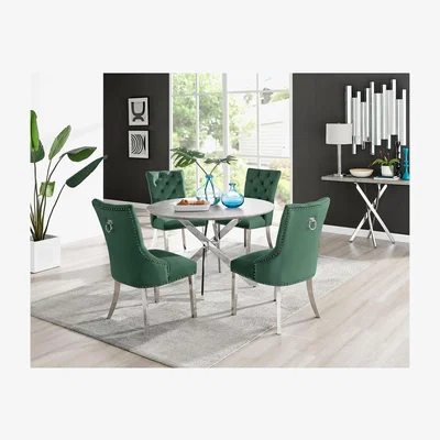 The Range Novara Grey Concrete Effect 120cm Round Dining Table And 4 Belgravia Chairs - Green