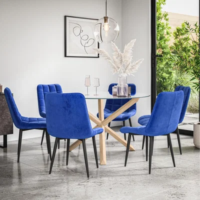 The Range Malvern Round Glass Dining Table Set w Oak Legs w 4-6 Nova Velvet Chair - Blue / 6
