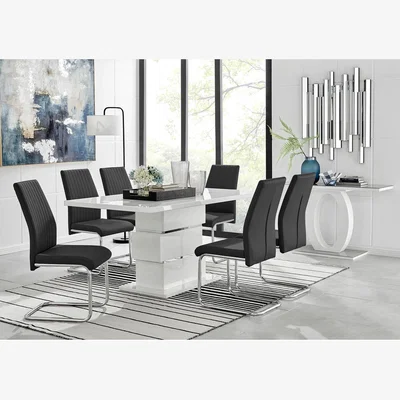 The Range Apollo Rectangle Chrome High Gloss White Dining Table And 6 Lorenzo Chairs - Black