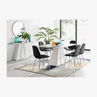 The Range Athens White Marble Kitchen Dining Table And 6 Corona Silver Leg Chairs - Black
