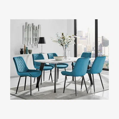 The Range Andria Black Leg Marble Effect Dining Table and  6 Pesaro Black Leg Chairs - Blue