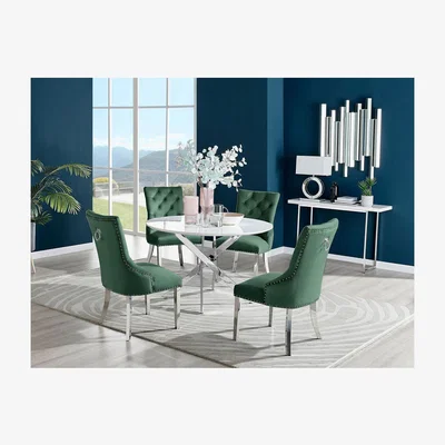The Range Novara White High Gloss 120cm Round Dining Table And 4 Belgravia Chairs - Green