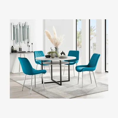 The Range Adley Grey Concrete Effect Storage Dining Table and 4 Pesaro Silver Chairs - Blue