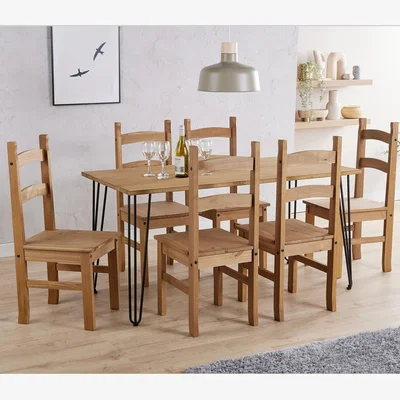 The Range Augusta large dining table with 6 chairs set - Antique waxed pine