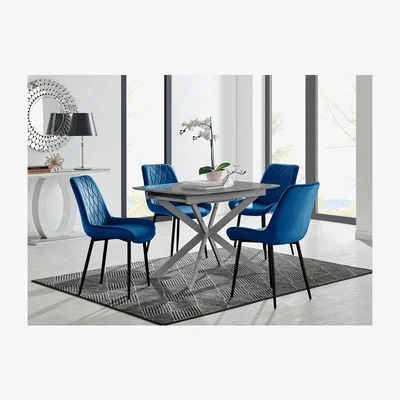 The Range Lira 120cm Grey Metal Extending Dining Table and 4 Pesaro Black Leg Chairs - Navy
