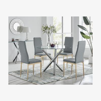 The Range Selina Round Dining Table  4 Gold Leg Milan Chairs - Grey