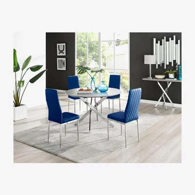 The Range Novara Grey Concrete Effect 120cm Round Dining Table and 4 Velvet Milan Chairs - Navy
