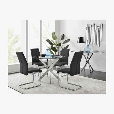 The Range Novara Chrome Metal Round Glass Dining Table  4 Lorenzo Dining Chairs - Black