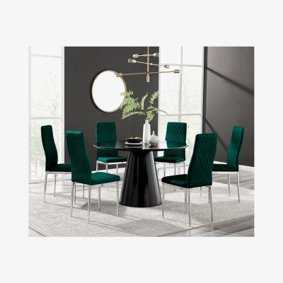 The Range Palma Black High Gloss Round Dining Table and 6 Velvet Milan Chairs - Green