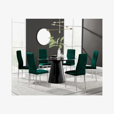 The Range Palma Black High Gloss Round Dining Table and 6 Velvet Milan Chairs - Green