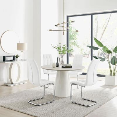 The Range Palma Beige Stone Effect Round Dining Table and 4 Murano Chairs - White