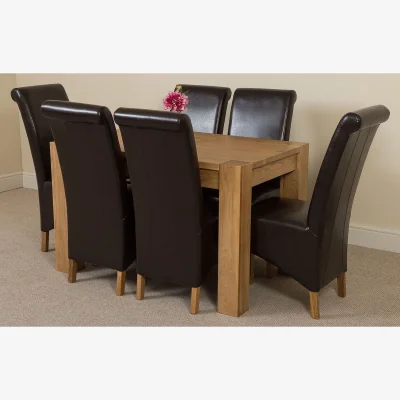 The Range Kuba 125 x 80 cm Chunky Oak Small Dining Table and 6 Montana Leather Chairs - Brown