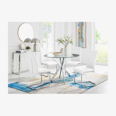 The Range Venice Chrome Round Glass Kitchen Dining Table and 4 Lorenzo Dining Chairs - White