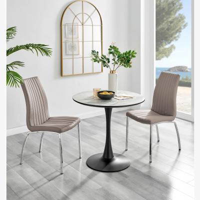 The Range Elina White Marble Effect Round Dining Table and 2 Isco Chairs - Cappuccino