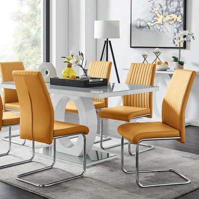 The Range Giovani Grey White Modern High Gloss  Glass Dining Table and 6 Lorenzo Chair Set - Orange / Yellow