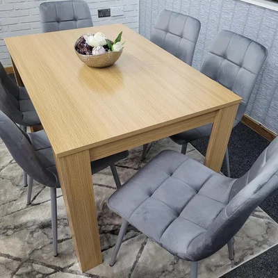 The Range Oak Kitchen Dining Table with 6 Grey Tufted Velvet Chairs - Oak Effect