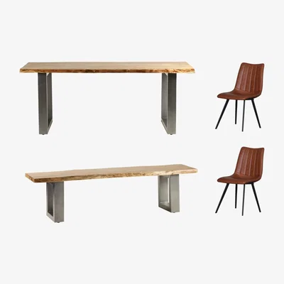The Range Natural Live Edge Medium Dining Table Set 2 Chairs And 1 Bench - Natural Wood