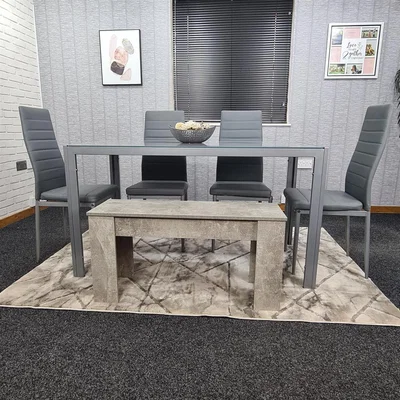 The Range Dining Grey Glass Table With 4 Grey Faux Leather Chairs And 1 Bench Set - Grey / Table,4 chairs,1bench