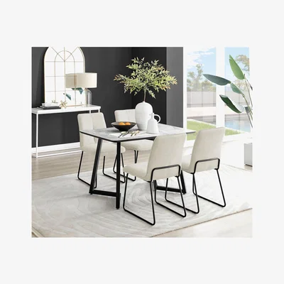 The Range Carson White Marble Effect Dining Table and 4 Halle Chairs - Cream