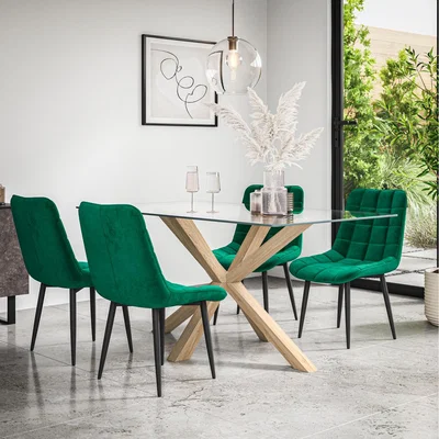 The Range Etta Glass Dining Table Set w Solid Oak Legs w 4-6 Nova Velvet Chair - Green / 6