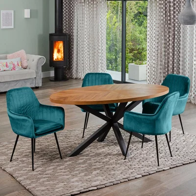 The Range Dossena Oval Dining Table Set with 4 Carrara Velvet Chairs - Teal
