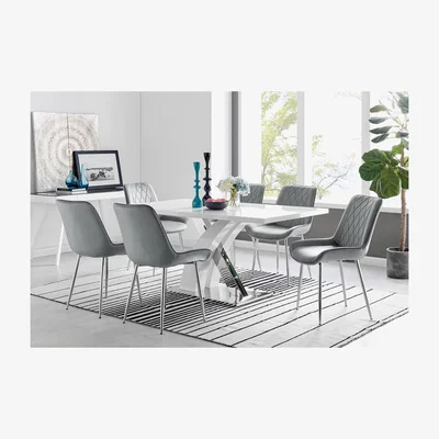 The Range Atlanta 6 White Dining Table and 6 Pesaro Silver Leg Chairs - Grey