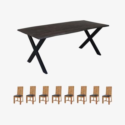The Range Live Edge Large Acacia Wood And Metal Dining Table Set Grey With 8 Chairs - Light Wood