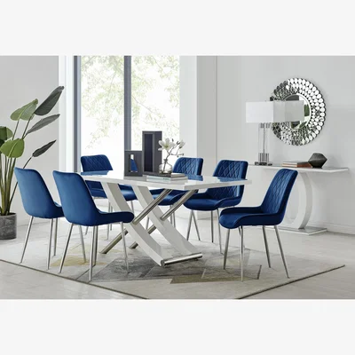 The Range Mayfair Large White Dining Table  6 Pesaro Silver Leg Chairs - Blue