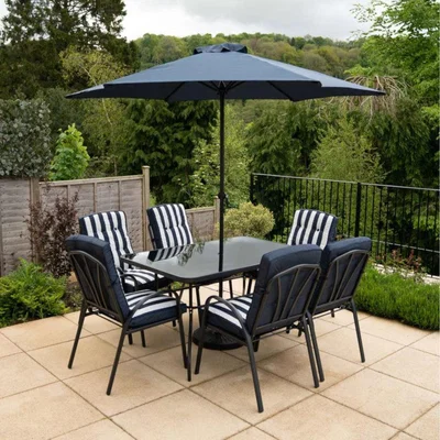 The Range 6 Seater Rectangular Tempered Glass Table Dining Set with Crank Parasol - Navy