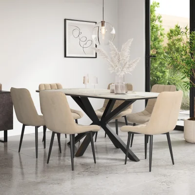 The Range Juno Calcutta Gold Table Top W Black Legs + Nova Velvet Dining Chair Set Of 8 - Beige
