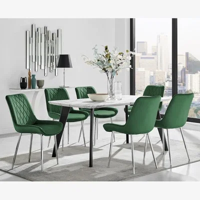 The Range Andria Black Leg Marble Effect Dining Table and 6 Pesaro Silver Leg Chairs - Green