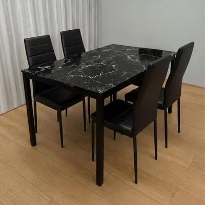 The Range 4 Seater Black Marble Effect Dining Table with 4 Black Faux Leather Chairs - Black