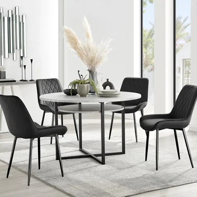 The Range Adley Grey Concrete Effect Storage Dining Table and 4 Pesaro Black Leg Chairs - Black
