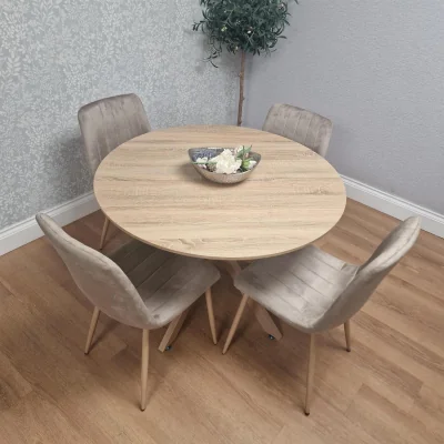 The Range KOSY KOALA 4 Seater Round Dining Table with Wood Effect X Shape Legs & 4 Beige Chairs for Kitchen Dining Room Furniture Set