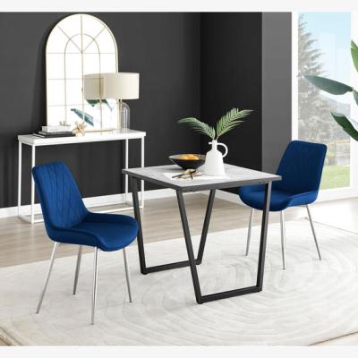 The Range Carson White Marble Effect Square Dining Table and 2 Pesaro Silver Chairs - Navy