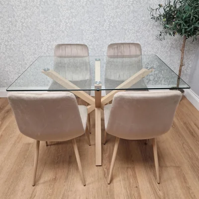 The Range KOSY KOALA 4 Seater Forest Rectangle Tempered Glass Dining Table Set with 4 Beige Velvet Chairs and Wood Effect X Shaped Metal Legs for Kitchen & Dini